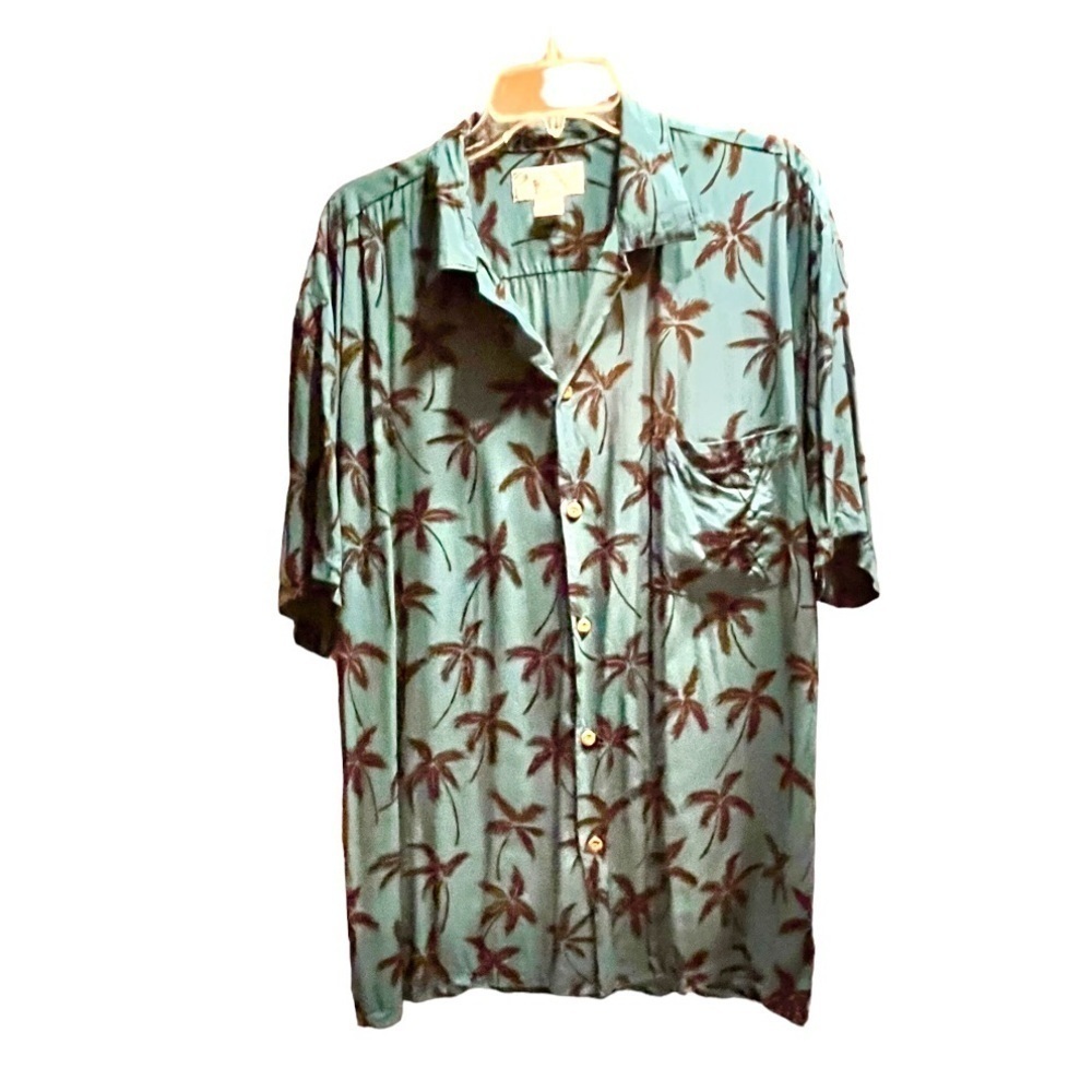 Two Palms Hawaiian shirt teal black palm trees chest pocket rayon size XL beach